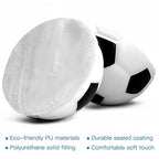 Close-up of a squishy soccer stress ball cut open showing soft PU foam filling and durable outer coating, highlighting eco-friendly and soft-touch stress relief toy material