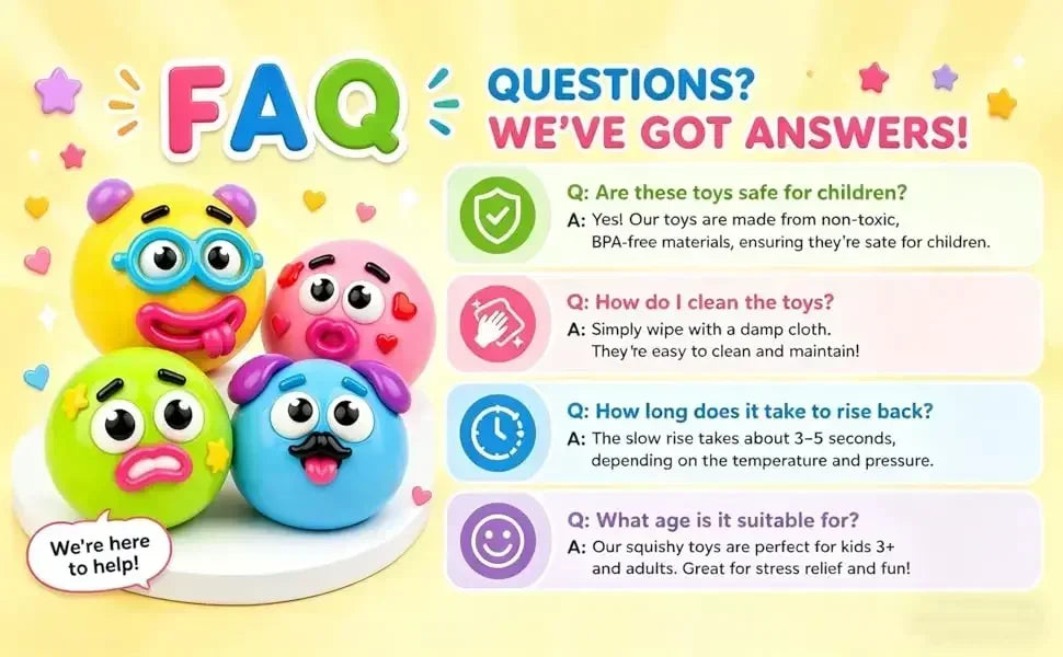 FAQ for the Fun emoji squeeze ball, Compact, portable fidget ball for relieving tension