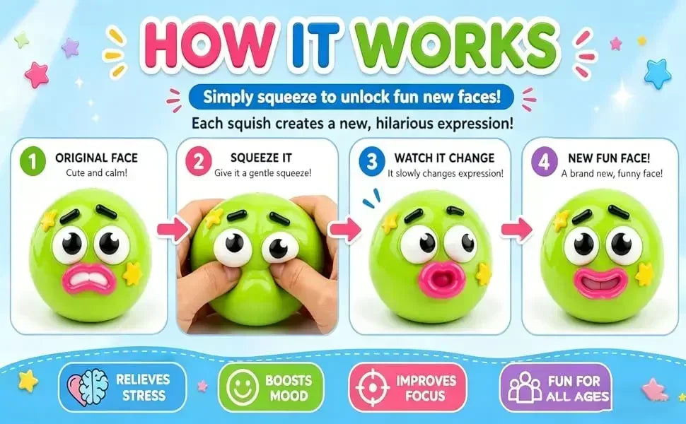 Smushers Squishy Stress Ball-how it works, simply squeeze to unlock fun new faces