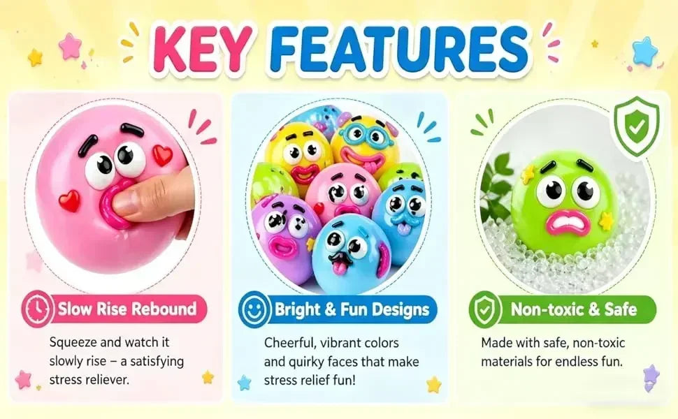 Smushers Squishy Stress Ball key features, slow rise rebound, fun designs, safe